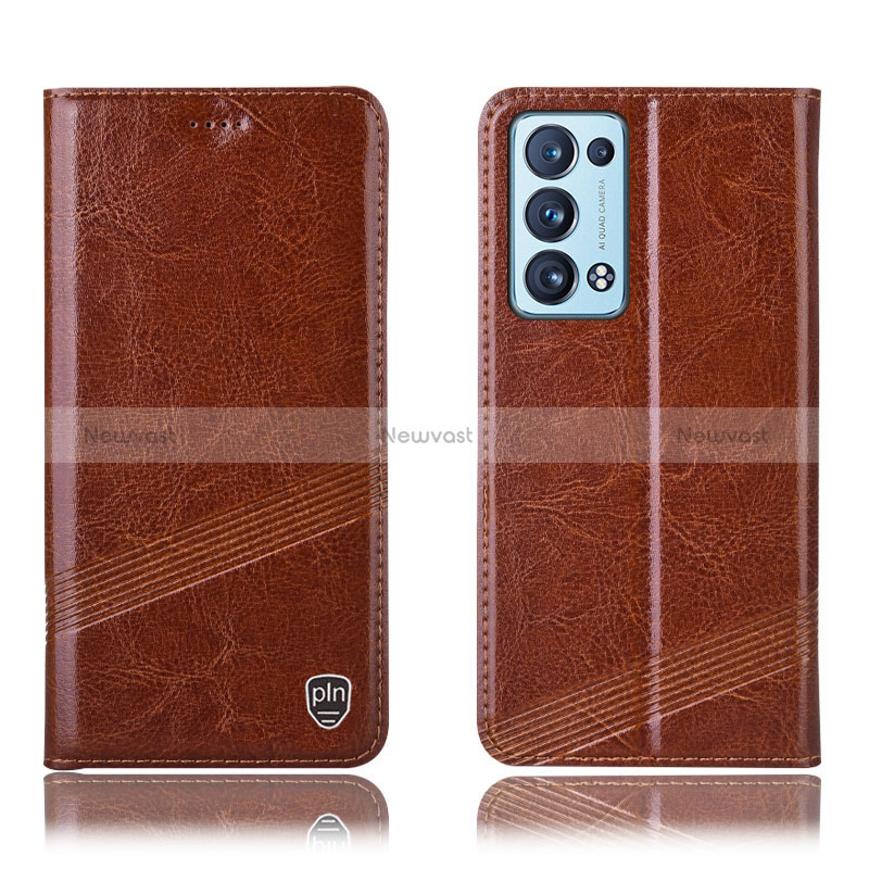 Leather Case Stands Flip Cover Holder H05P for Oppo Reno6 Pro 5G Light Brown