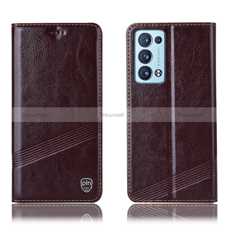 Leather Case Stands Flip Cover Holder H05P for Oppo Reno6 Pro+ Plus 5G Brown