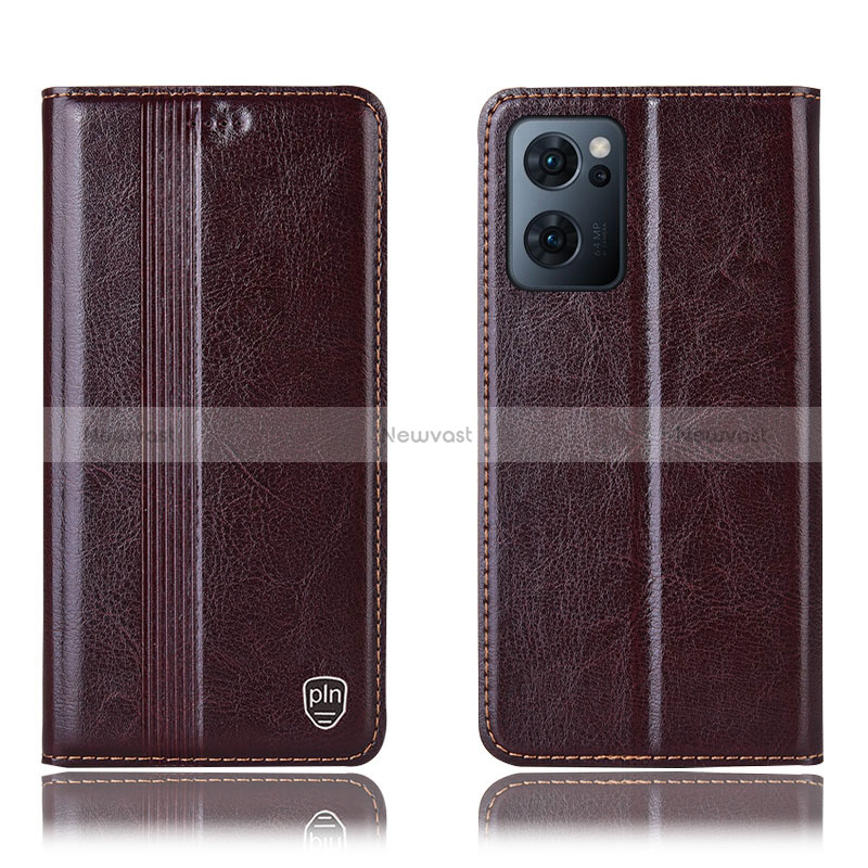 Leather Case Stands Flip Cover Holder H05P for Oppo Reno7 5G Brown