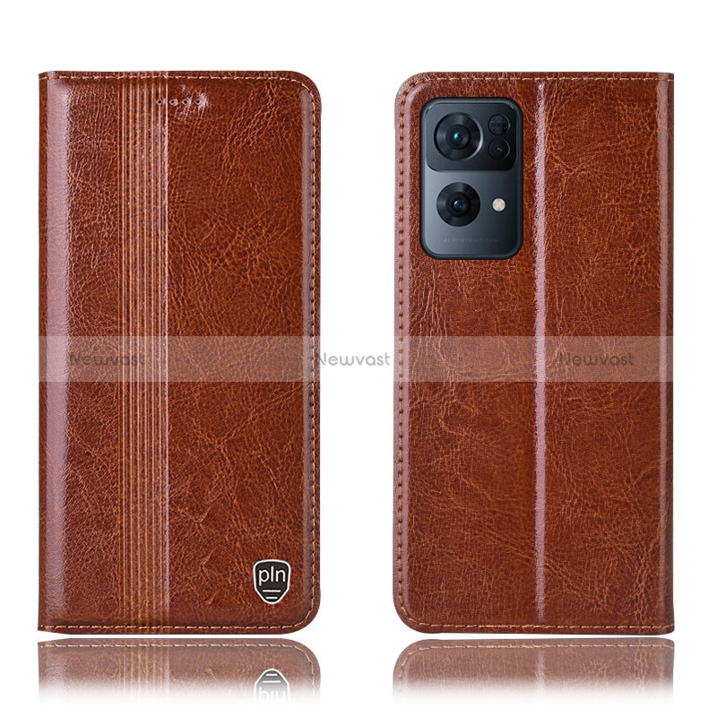 Leather Case Stands Flip Cover Holder H05P for Oppo Reno7 Pro 5G Light Brown