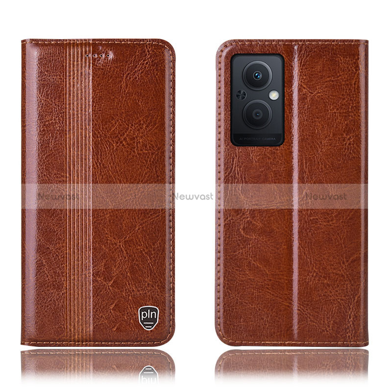 Leather Case Stands Flip Cover Holder H05P for Oppo Reno8 Z 5G Light Brown