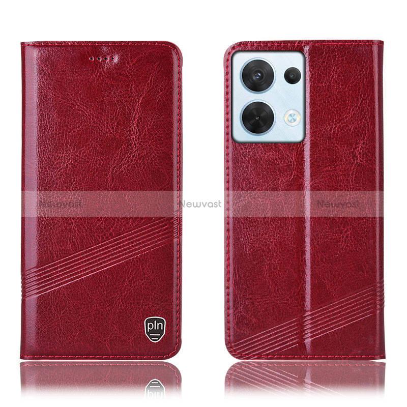 Leather Case Stands Flip Cover Holder H05P for Oppo Reno9 5G Red