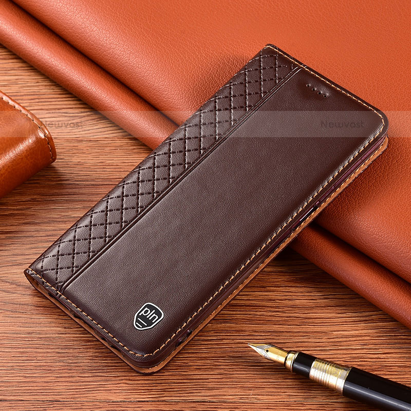 Leather Case Stands Flip Cover Holder H05P for Samsung Galaxy S22 Ultra 5G Brown