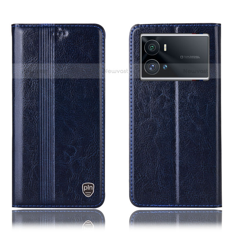 Leather Case Stands Flip Cover Holder H05P for Vivo iQOO 9 5G Navy Blue