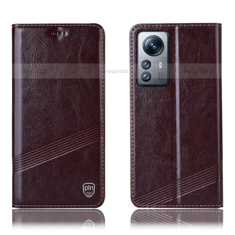 Leather Case Stands Flip Cover Holder H05P for Xiaomi Mi 12 Pro 5G Brown