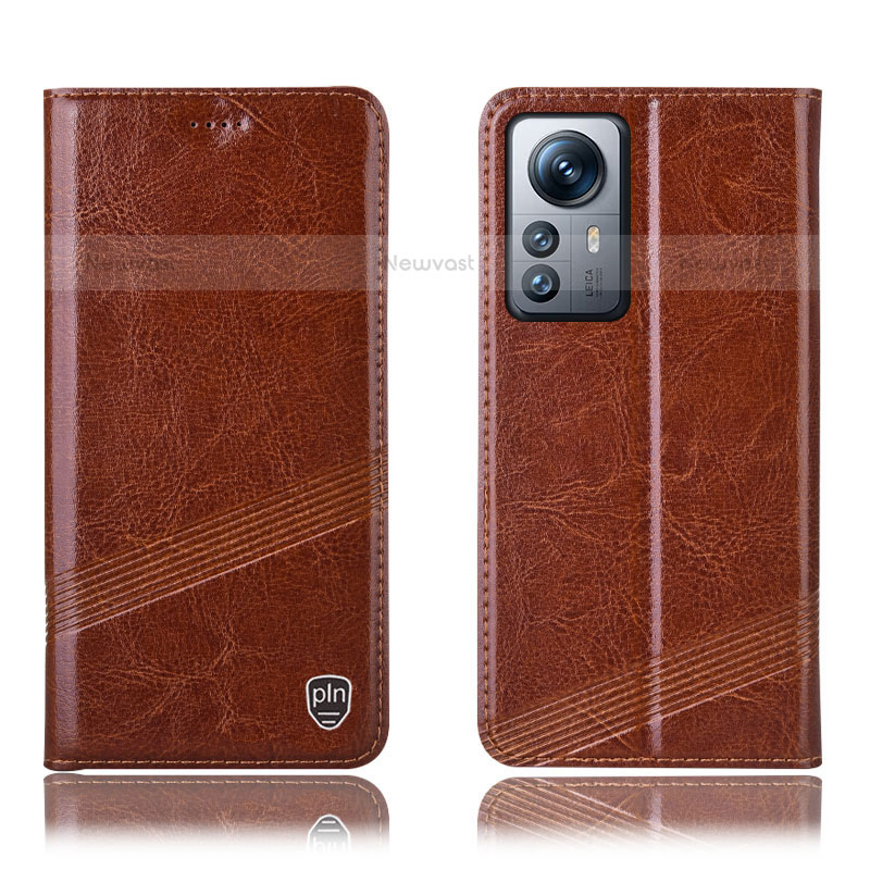 Leather Case Stands Flip Cover Holder H05P for Xiaomi Mi 12 Pro 5G Light Brown