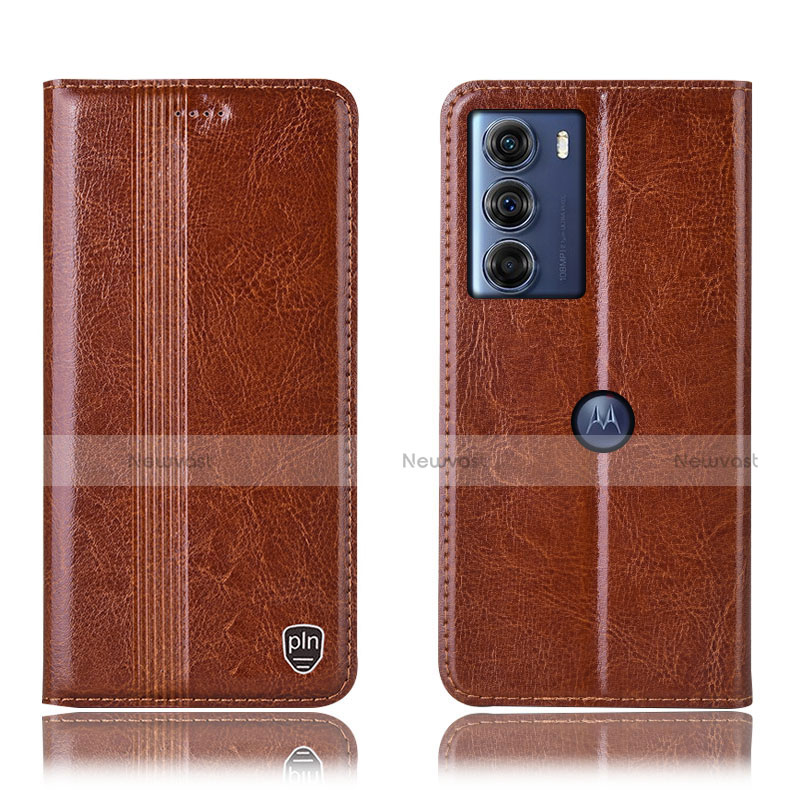 Leather Case Stands Flip Cover Holder H06P for Motorola Moto G200 5G Light Brown