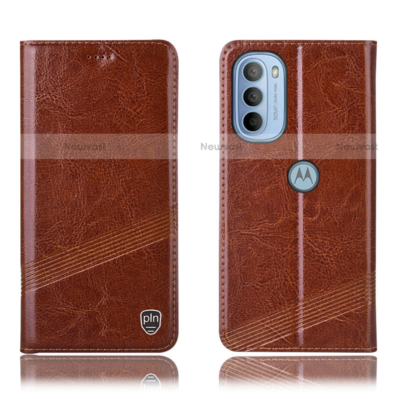 Leather Case Stands Flip Cover Holder H06P for Motorola Moto G31 Light Brown