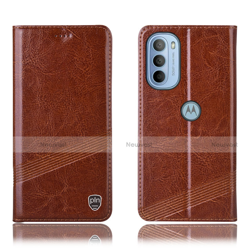 Leather Case Stands Flip Cover Holder H06P for Motorola Moto G41 Light Brown