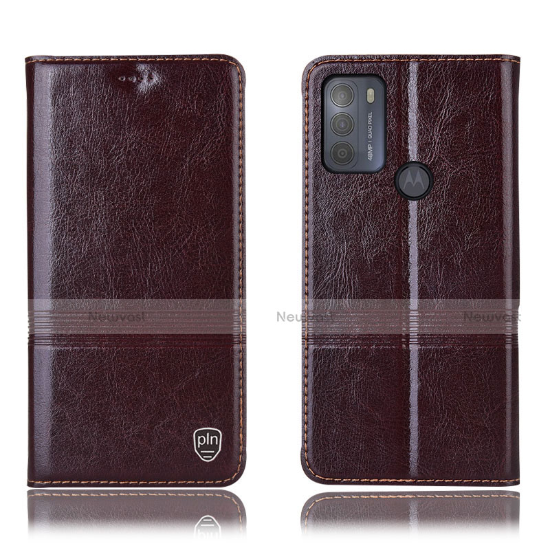 Leather Case Stands Flip Cover Holder H06P for Motorola Moto G50 Brown