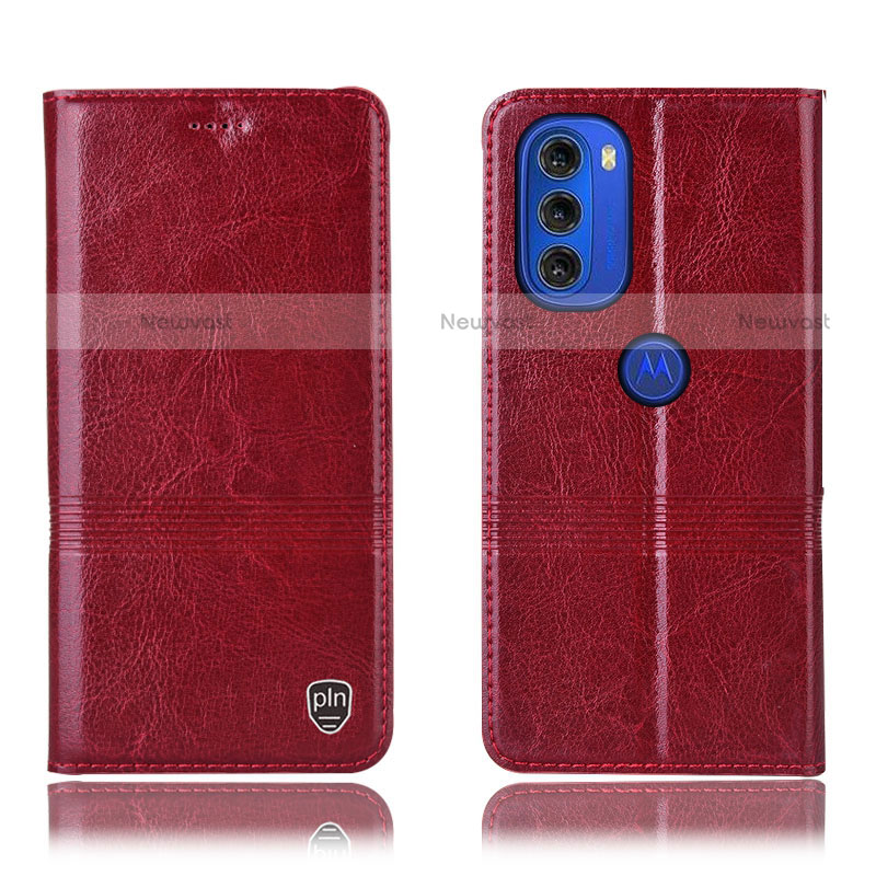 Leather Case Stands Flip Cover Holder H06P for Motorola Moto G51 5G Red
