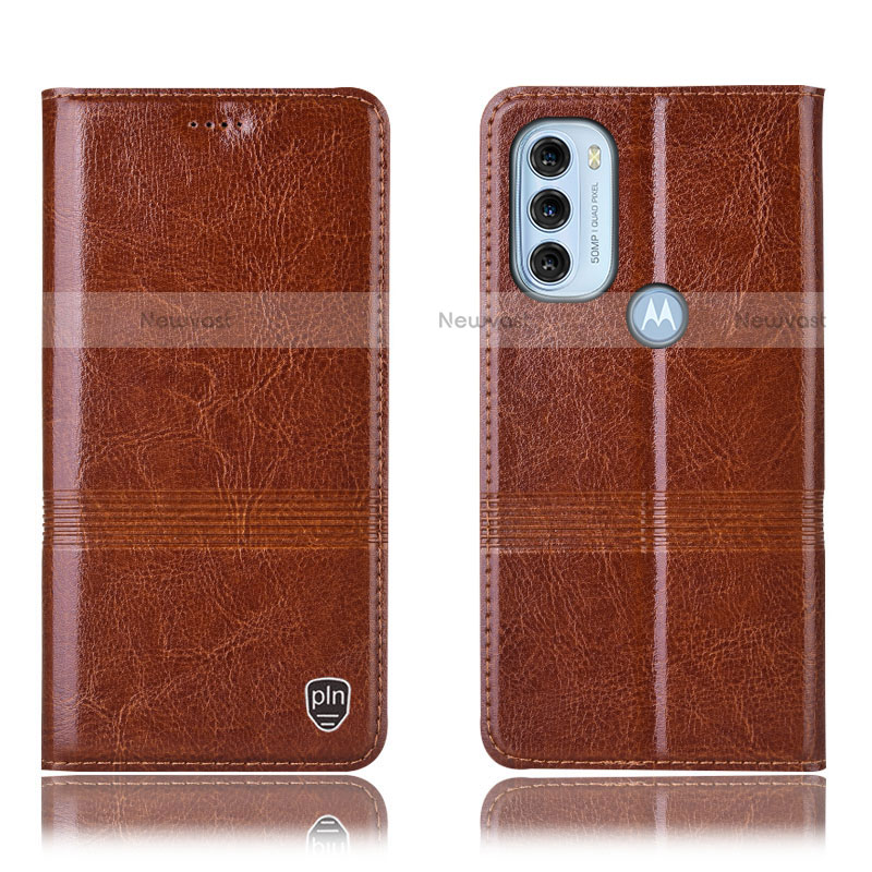 Leather Case Stands Flip Cover Holder H06P for Motorola Moto G71 5G Light Brown