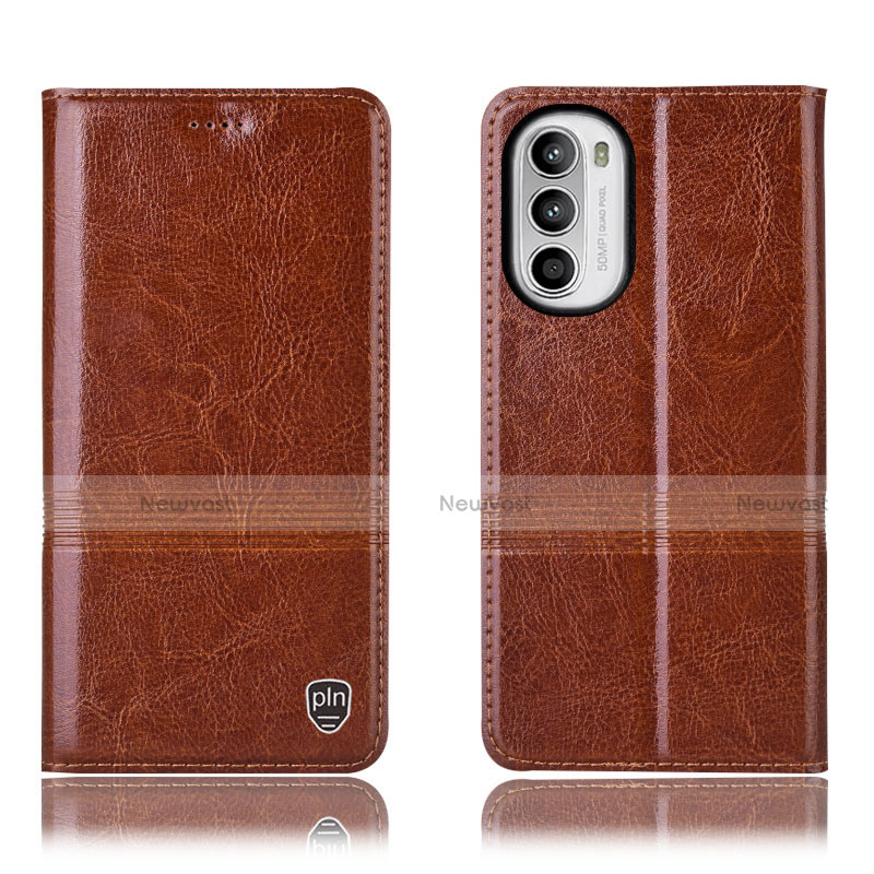 Leather Case Stands Flip Cover Holder H06P for Motorola Moto G71s 5G Light Brown