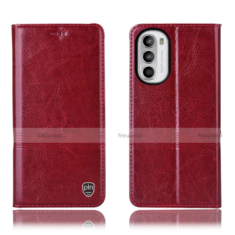 Leather Case Stands Flip Cover Holder H06P for Motorola Moto G71s 5G Red