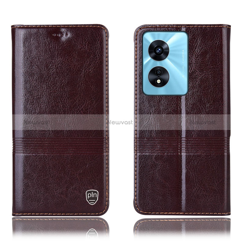 Leather Case Stands Flip Cover Holder H06P for Oppo A58 5G Brown