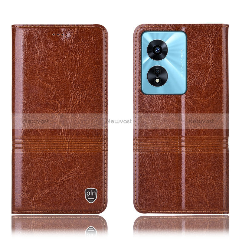 Leather Case Stands Flip Cover Holder H06P for Oppo A78 5G Light Brown