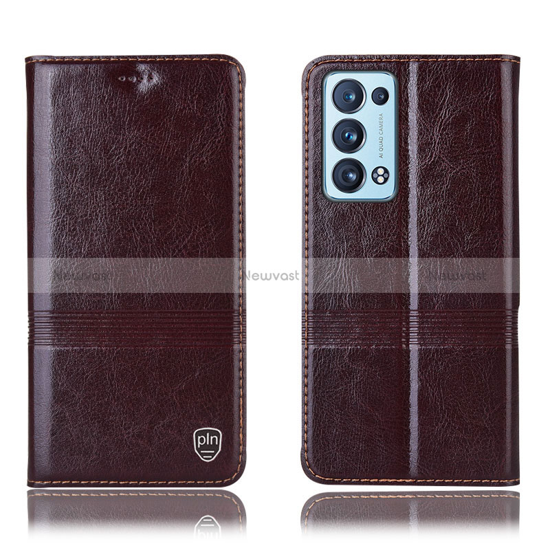 Leather Case Stands Flip Cover Holder H06P for Oppo Reno6 Pro 5G Brown