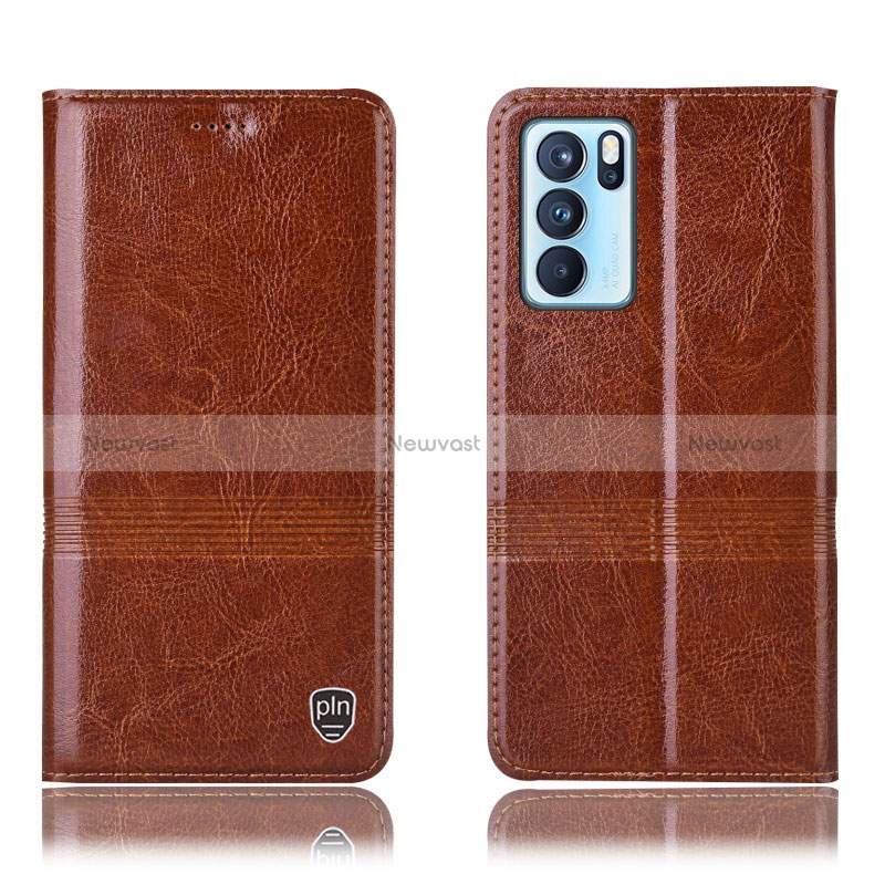Leather Case Stands Flip Cover Holder H06P for Oppo Reno6 Pro 5G India Light Brown