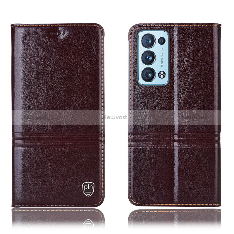 Leather Case Stands Flip Cover Holder H06P for Oppo Reno6 Pro+ Plus 5G Brown