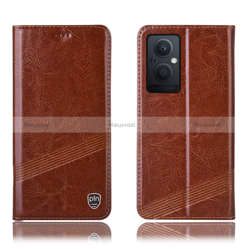Leather Case Stands Flip Cover Holder H06P for Oppo Reno7 Lite 5G Light Brown