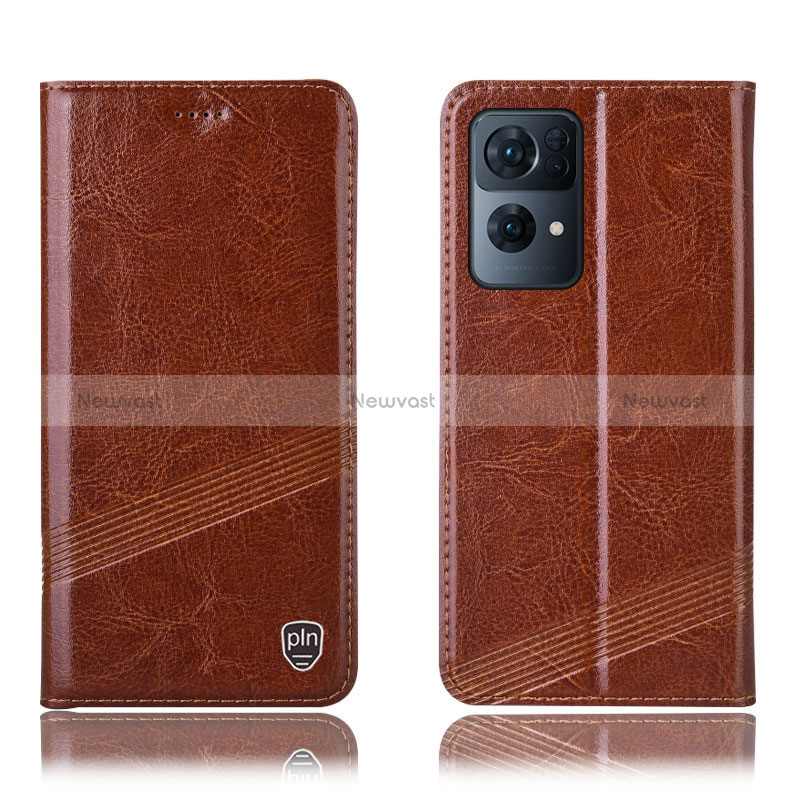 Leather Case Stands Flip Cover Holder H06P for Oppo Reno7 Pro 5G Light Brown