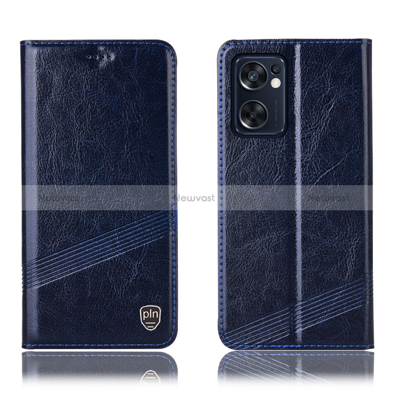 Leather Case Stands Flip Cover Holder H06P for Oppo Reno7 SE 5G Blue