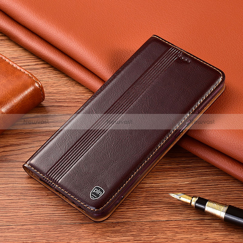 Leather Case Stands Flip Cover Holder H06P for Vivo V27 Pro 5G Brown