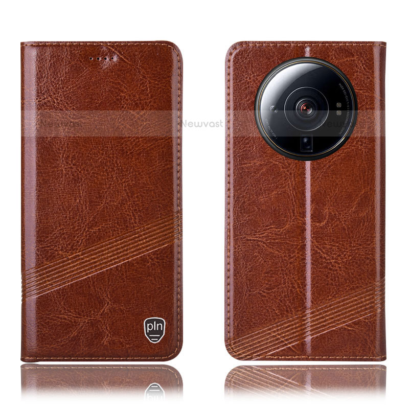 Leather Case Stands Flip Cover Holder H06P for Xiaomi Mi 12S Ultra 5G Light Brown