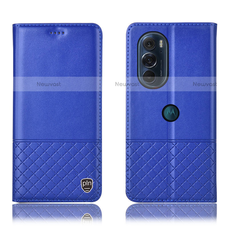 Leather Case Stands Flip Cover Holder H07P for Motorola Moto Edge Plus (2022) 5G Blue