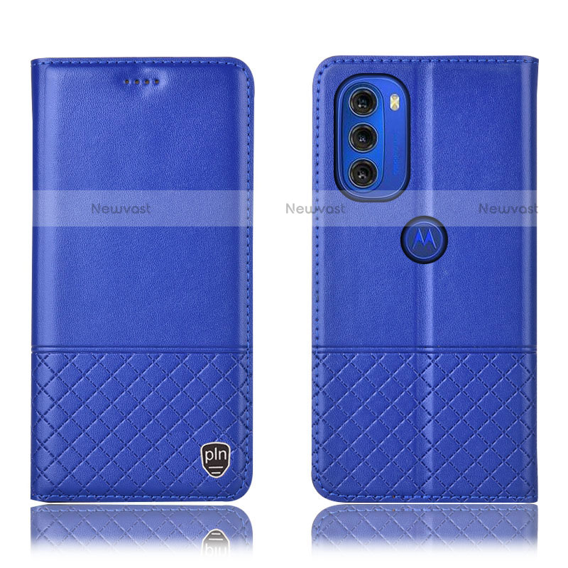 Leather Case Stands Flip Cover Holder H07P for Motorola Moto G51 5G Blue