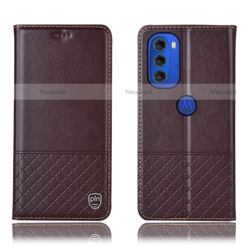 Leather Case Stands Flip Cover Holder H07P for Motorola Moto G51 5G Brown