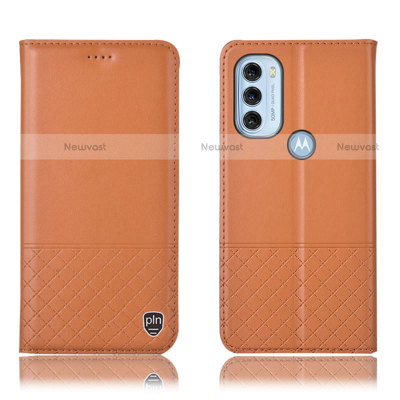 Leather Case Stands Flip Cover Holder H07P for Motorola Moto G71 5G Orange