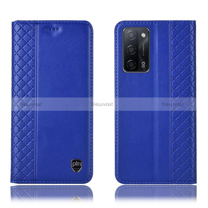 Leather Case Stands Flip Cover Holder H07P for Oppo A53s 5G Blue