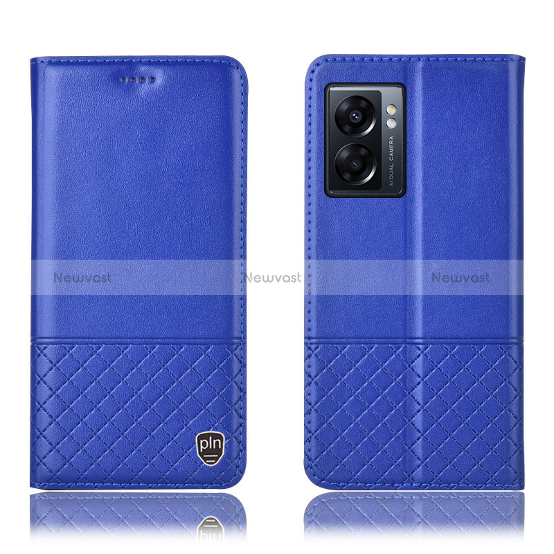 Leather Case Stands Flip Cover Holder H07P for Oppo A56S 5G Blue
