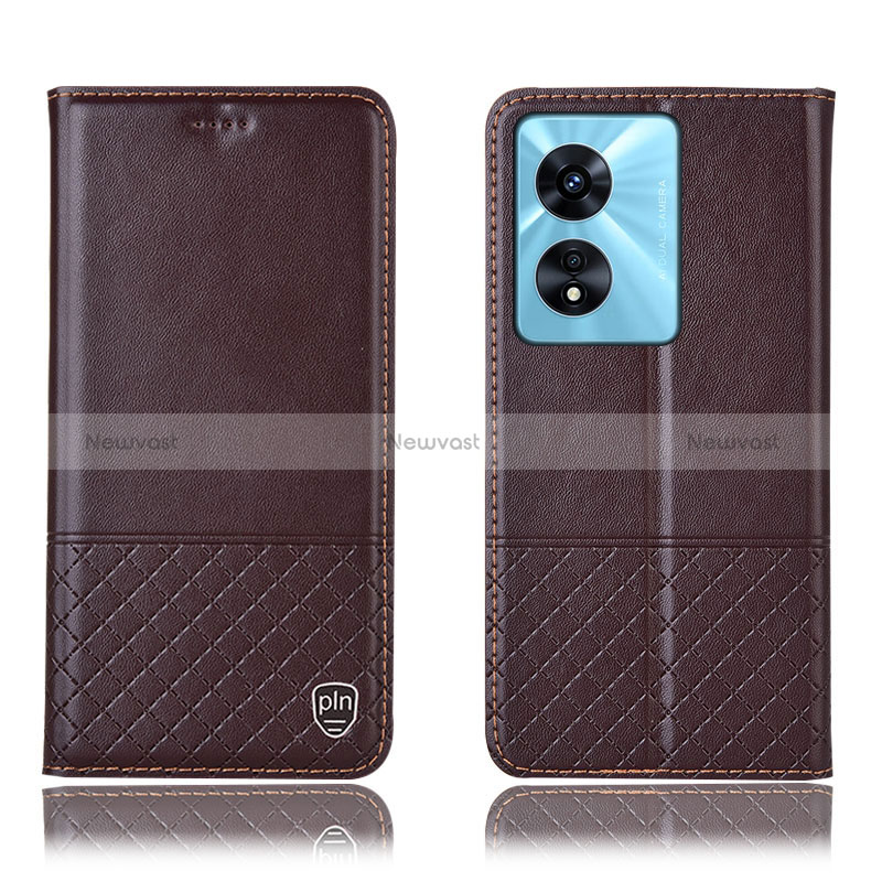 Leather Case Stands Flip Cover Holder H07P for Oppo A58x 5G Brown