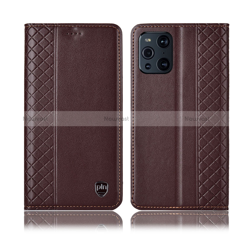 Leather Case Stands Flip Cover Holder H07P for Oppo Find X3 5G Brown