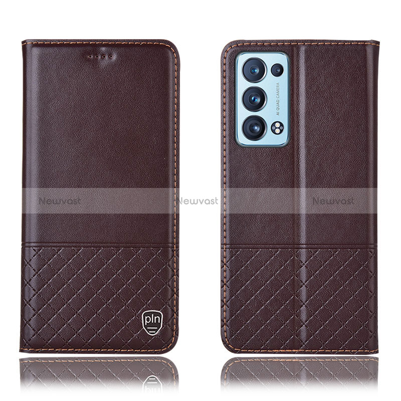 Leather Case Stands Flip Cover Holder H07P for Oppo Reno6 Pro 5G Brown