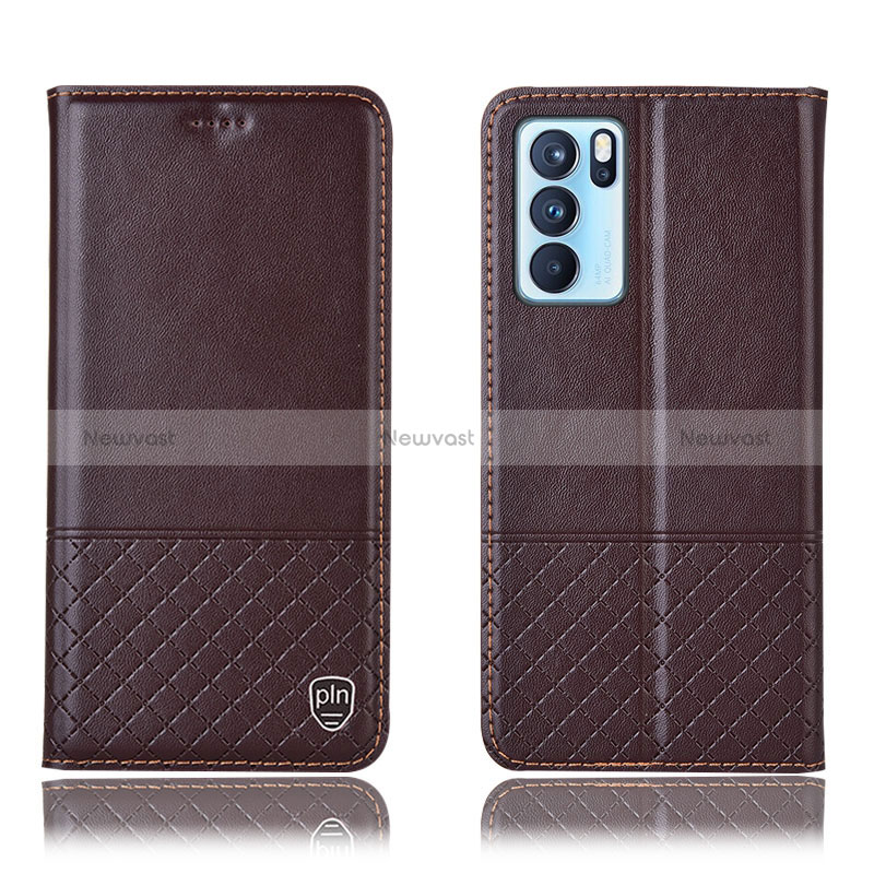 Leather Case Stands Flip Cover Holder H07P for Oppo Reno6 Pro 5G India Brown