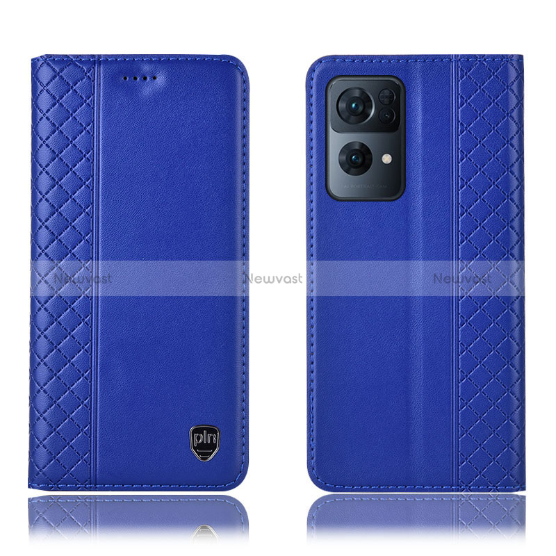 Leather Case Stands Flip Cover Holder H07P for Oppo Reno7 Pro 5G Blue