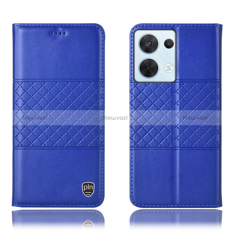 Leather Case Stands Flip Cover Holder H07P for Oppo Reno9 5G Blue