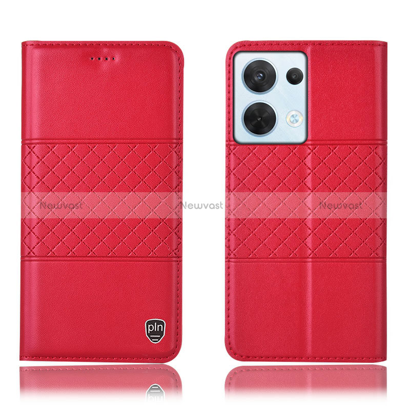 Leather Case Stands Flip Cover Holder H07P for Oppo Reno9 5G Red
