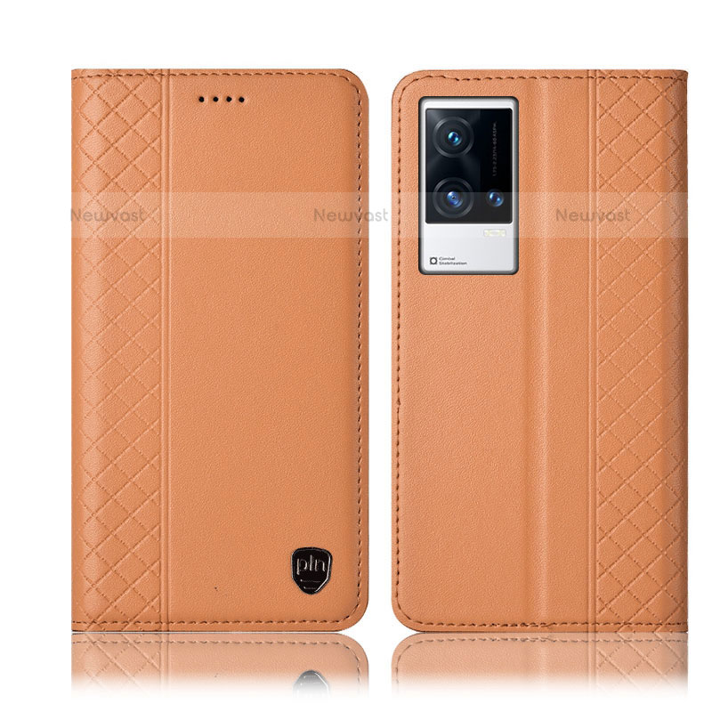 Leather Case Stands Flip Cover Holder H07P for Vivo iQOO 8 Pro 5G Orange