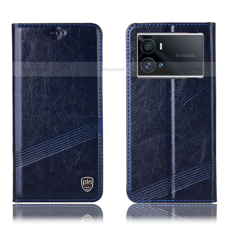Leather Case Stands Flip Cover Holder H07P for Vivo iQOO 9 5G Blue
