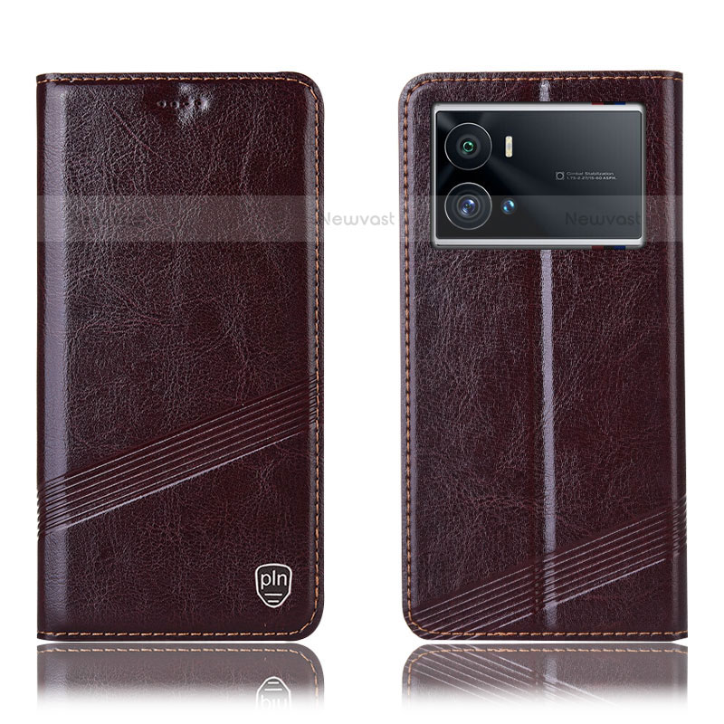 Leather Case Stands Flip Cover Holder H07P for Vivo iQOO 9 Pro 5G Brown