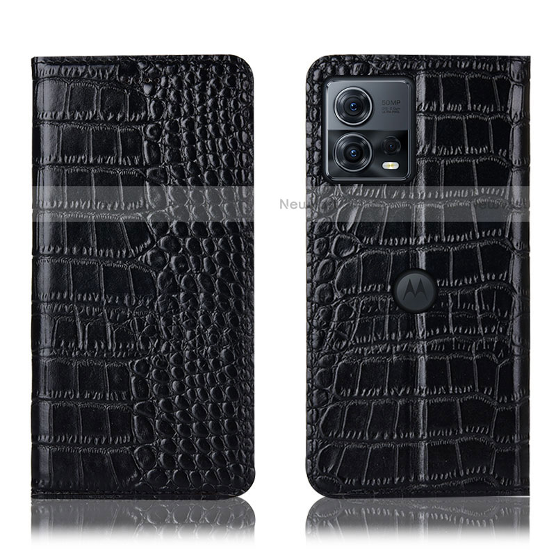 Leather Case Stands Flip Cover Holder H08P for Motorola Moto Edge 30 Fusion 5G Black