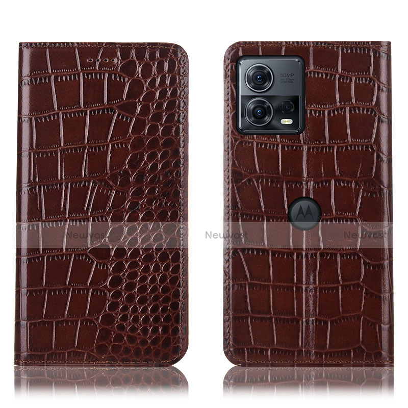 Leather Case Stands Flip Cover Holder H08P for Motorola Moto Edge S30 Pro 5G Brown