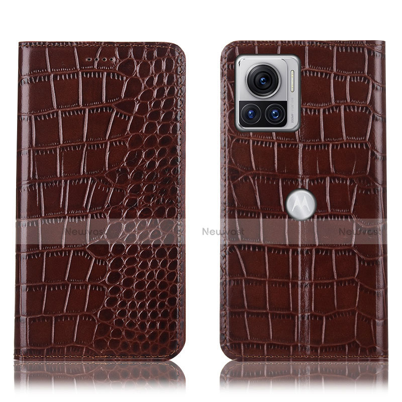 Leather Case Stands Flip Cover Holder H08P for Motorola Moto Edge X30 Pro 5G Brown