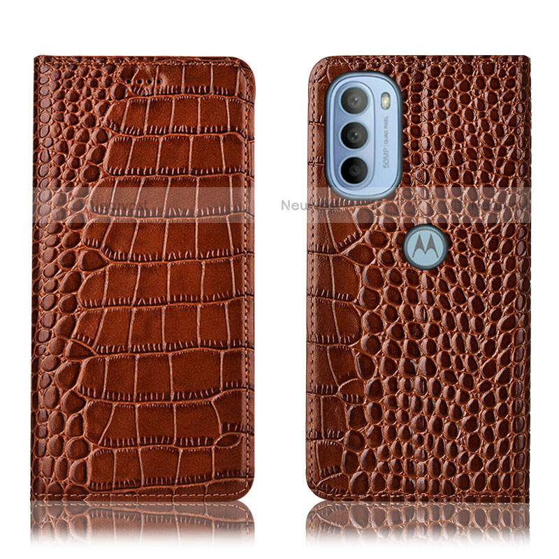 Leather Case Stands Flip Cover Holder H08P for Motorola Moto G31 Light Brown