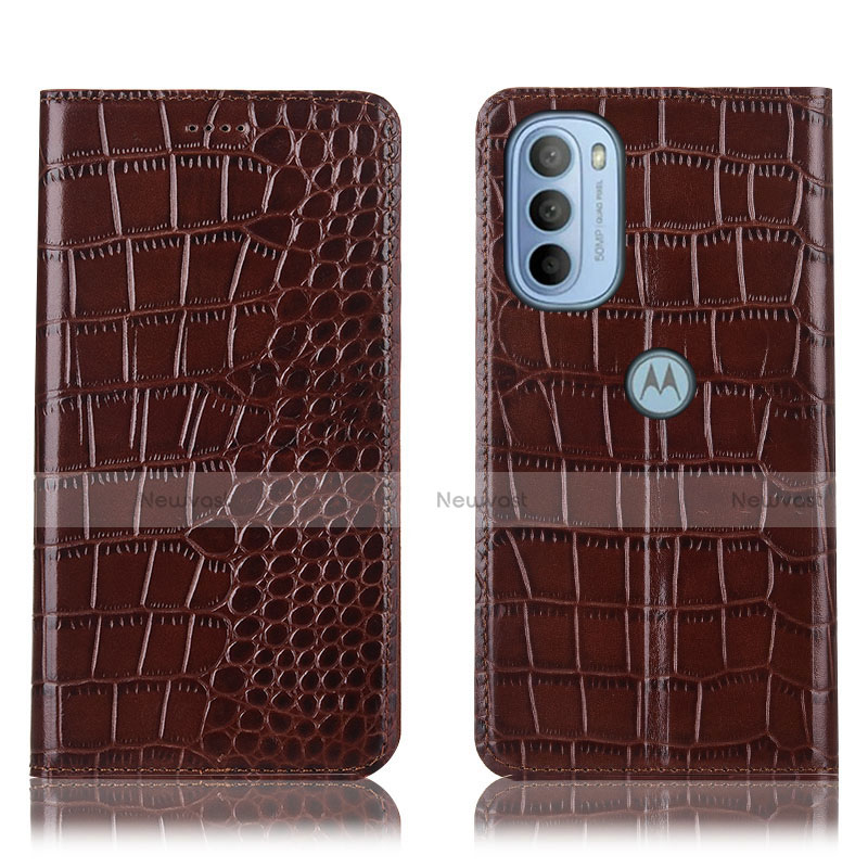 Leather Case Stands Flip Cover Holder H08P for Motorola Moto G41 Brown