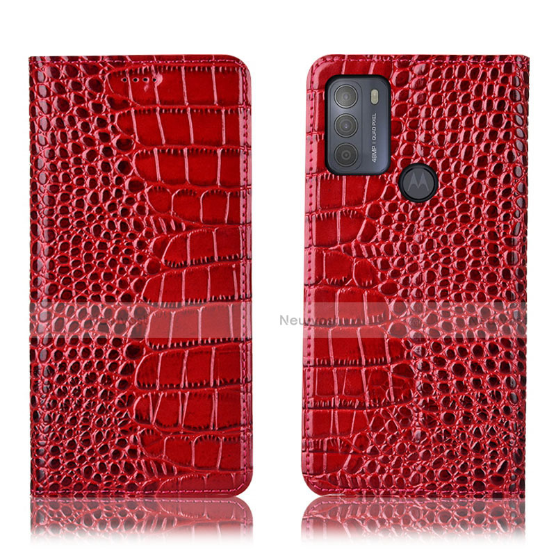 Leather Case Stands Flip Cover Holder H08P for Motorola Moto G50 Red